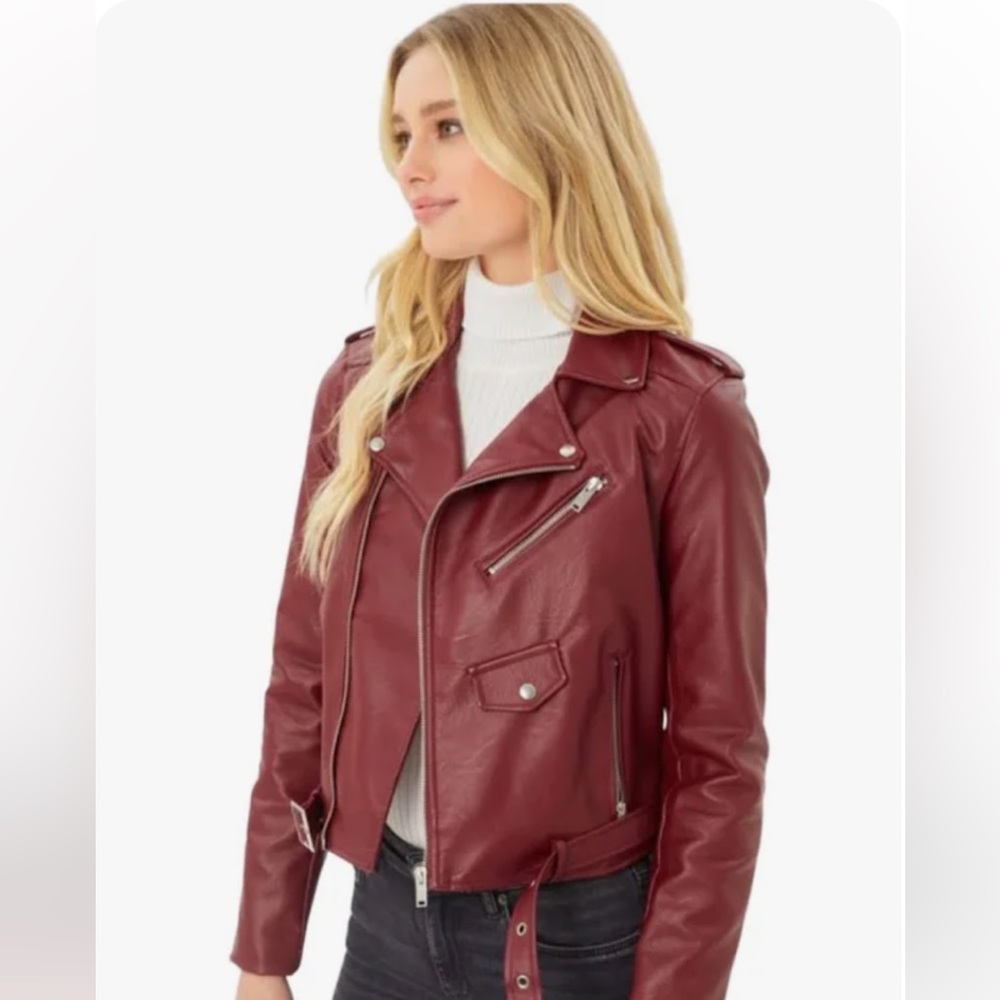 Love Tree Faux Leather Moto Jacket in Burgundy